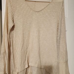 Elegant Beige Ribbed Long Sleeve Top